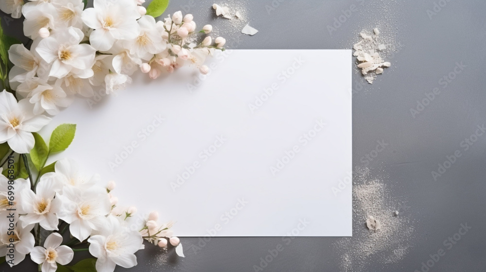 Feuille de papier blanc entourée de fleurs, plantes, branchages. Composition florale. Mock-up pour carte, création et conception graphique. Arrière-plan clair, épuré, naturel. Feuille de papier blanc entourée de fleurs, plantes, branchages. Composition florale. Mock-up pour carte, création et conception graphique. Arrière-plan clair, épuré, naturel.