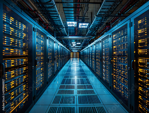 Data Center Corridor with Black Server Racks and Blinking Lights, Tech Infrastructure Concept - Digital World Power, Cybersecurity Importance, and Awe-Inspiring Technology Aesthetic