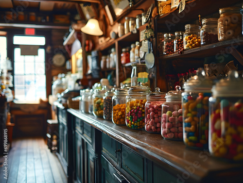 Vintage Sweet Shop Delight: Glass Jars of Colorful Candies in Old-Fashioned Candy Store with Inviting Wooden Counter - Nostalgic and Happy Confectionery Concept