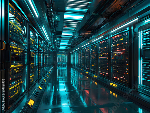 Futuristic Data Center Corridor with Illuminated Servers: Power of Technology Concept, Digital Infrastructure Authority, and Cybersecurity Excellence photo