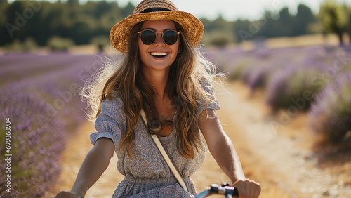 Happy woman in hat rides bike in european lavender fields