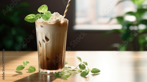 menu picture of irish iced coffee latte on table, cofee milk, cold coffee, delicious latte background, generative AI, dark greens, coffee foam, designed latte, leaf