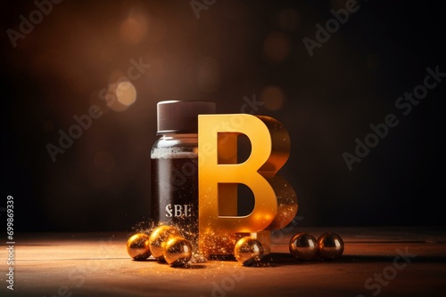 3d rendered vitamin b on abstract backdrop for dietary supplement concept. Generative AI