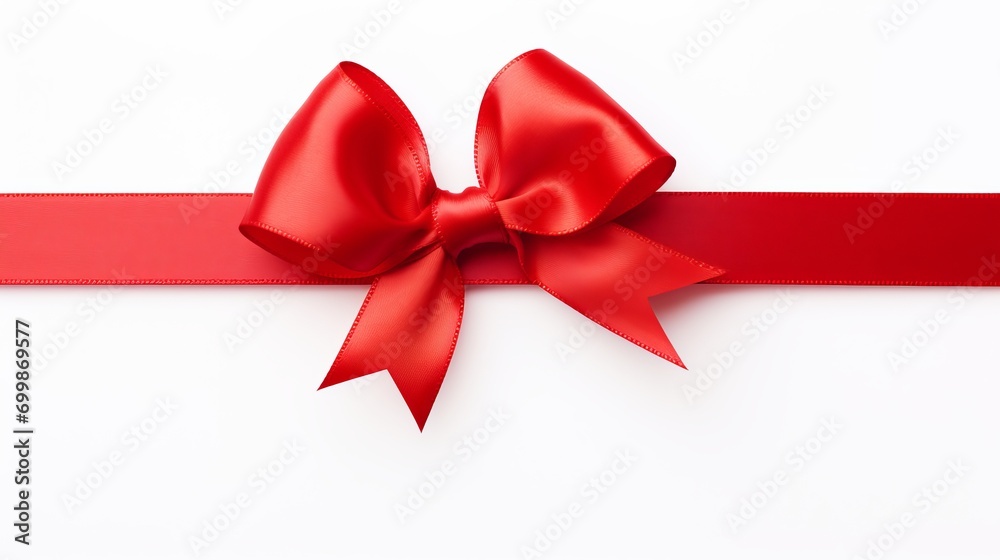 Red ribbon bow with straight ribbon for birthday or christmas banner, isolated on white background Red ribbon bow with straight ribbon for birthday or christmas banner, isolated on white background