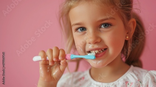 Portrait of a friendly girl diligently brushing her teeth on a pink background
