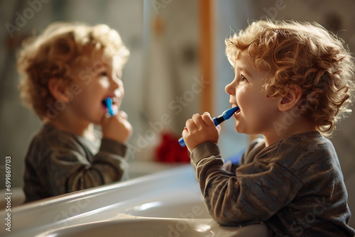 Little boy brushes his teeth in the bathroom in front of the mirror. photo