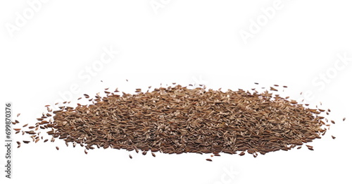 Pile of cumin, caraway seeds isolated on white, side view
