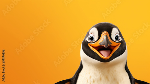 Lustiges Bild eines lachenden Pinguins auf gelbem Hintergrund. photo