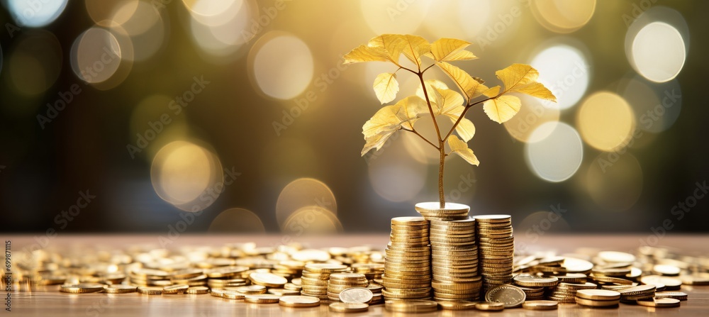 Golden tree of financial growth  blurred bokeh cityscape background with coins and banknotes - obrazy, fototapety, plakaty 