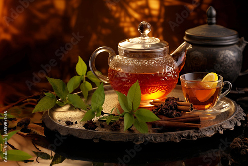 Tea in a glass teapot on a wooden table with green leaves