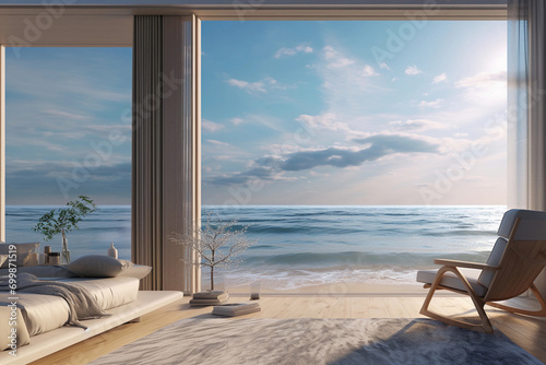 Sea view from the window in a modern bedroom. 3d rendering