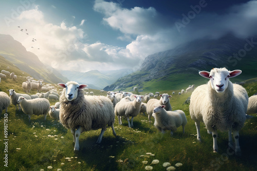 Sheep herd on green meadow in mountains at sunset