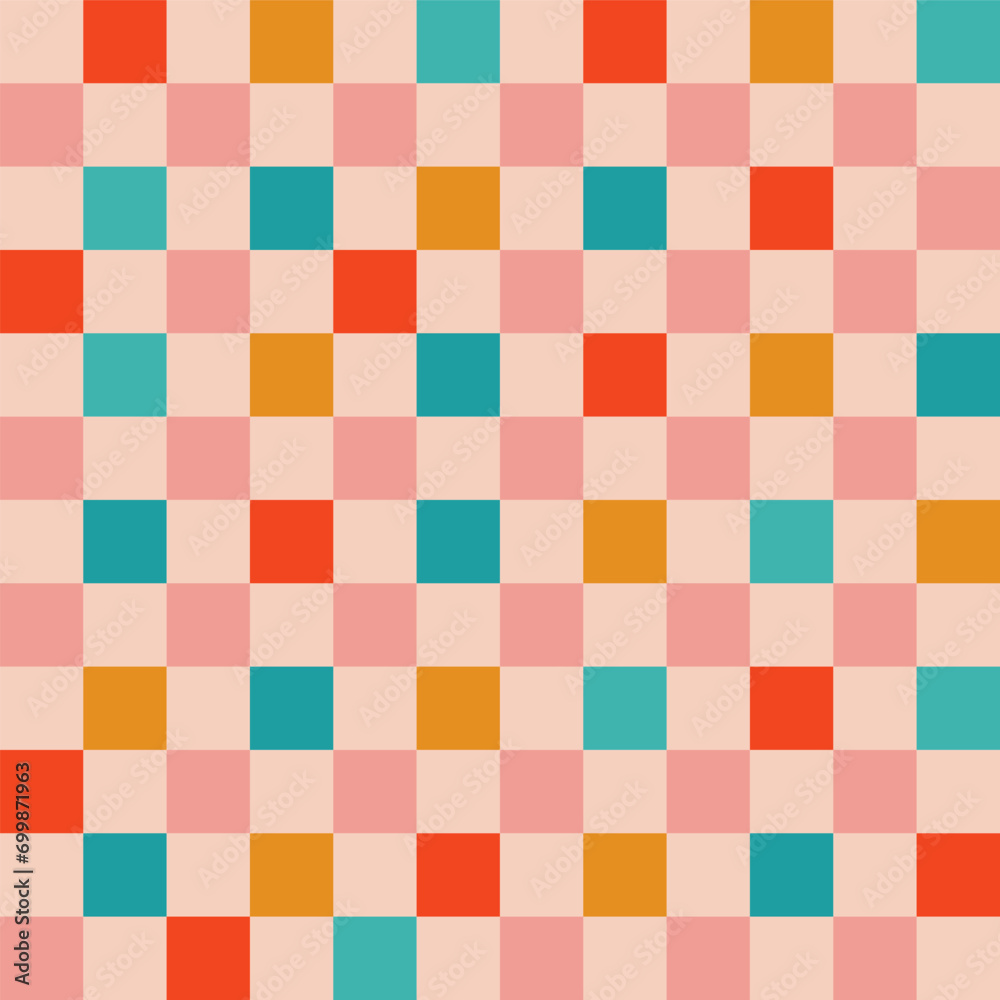 Retro Groovy Christmas festive winter holidays seamless pattern digital paper repeating background for wrapping paper, stationery, fabric, wallpaper. Red, green, pink, and gold colors