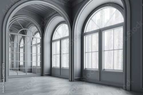 abstract grey arched windows with white upper arch, created with generative ai