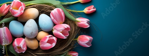 a nest of eggs with tulips on a blue background