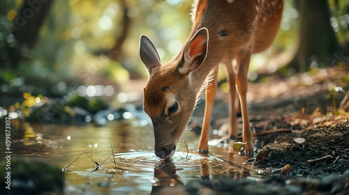 A deer is drinking water in the forest. photo