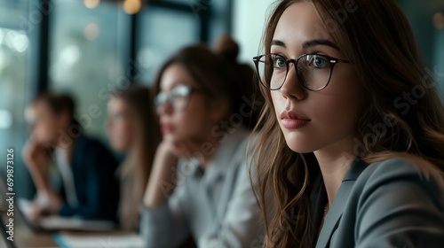 Beautiful young woman wearing glasses is sitting in a meeting in the office.