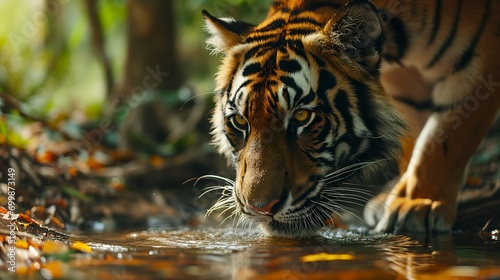 A tiger is drinking water in the forest.