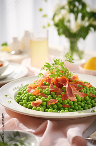 Sauteed Green Peas and Bacon side dish on a plate. Festive atmosphere. Vertical  close-up  side view.