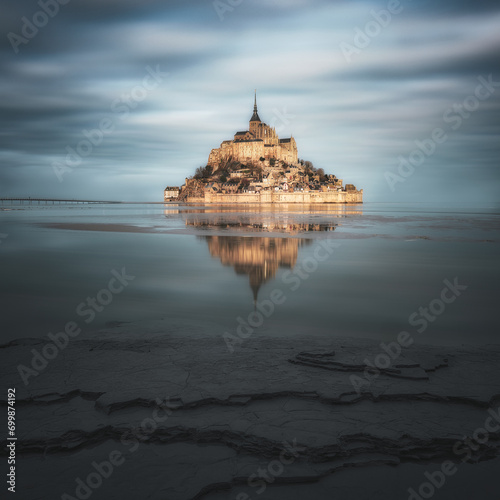 Mont Saint Michel sanctuary and reflection in the sea, Normandy, France