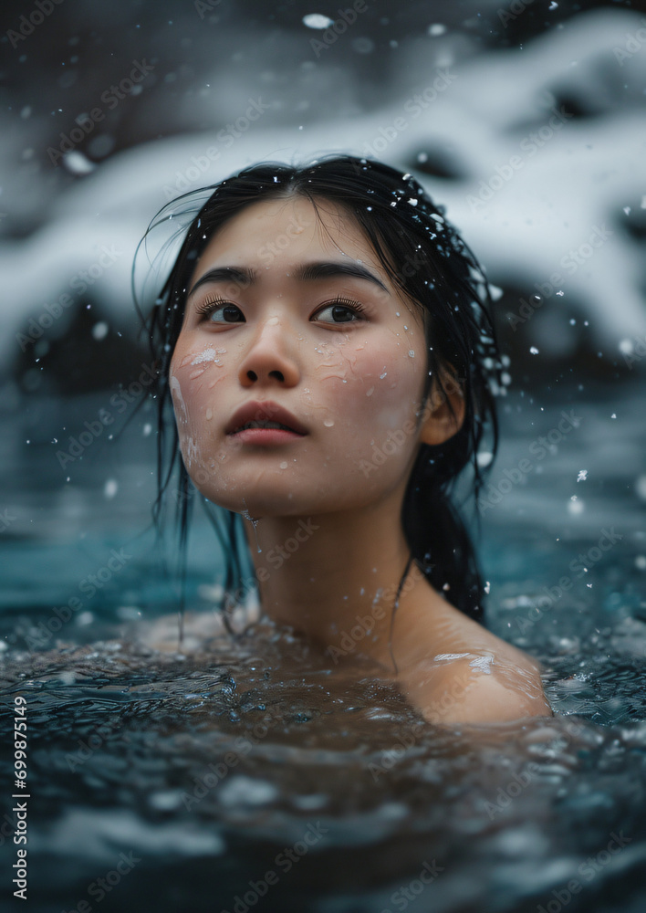 Fototapeta premium Meditative Ice Bathing: Serenity Amidst Snow