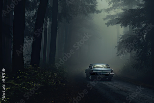 Mysterious classic car driving through foggy forest road,
