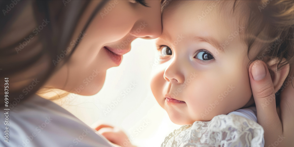 tender moment between a mother and child, with the woman's nose touching the baby's forehead in a gentle, loving gesture.