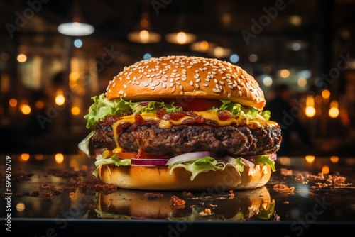  Tasty cheeseburger with beef, onion and lettuce background photo