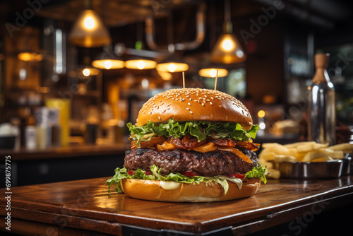  Tasty hamburger with beef, restaurant background photo