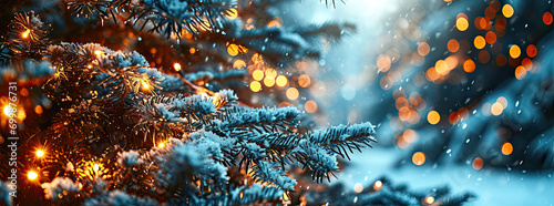 Closeup of Fir tree in snow with golden Christmas tree lights in blur hour banner