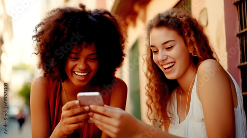 couple of women sitting next to each other on the street  holding phone  watching video and laughing  african american woman and white woman