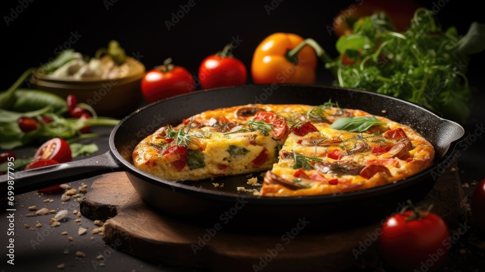 Frittata with vegetables in a cast iron skillet