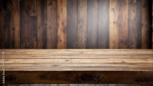 Empty Wooden Table Background with Blurred Wall, Product Copy Space