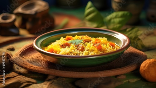 Aromatic biryani in a traditional bowl with herbs on a rustic table