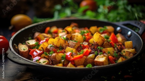 Hearty vegetable skillet with potatoes and peppers on a wooden surface