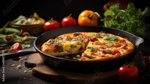 Frittata with vegetables in a cast iron skillet