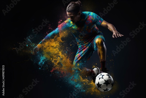 Vibrant soccer player kicking abstract ball. Generative AI