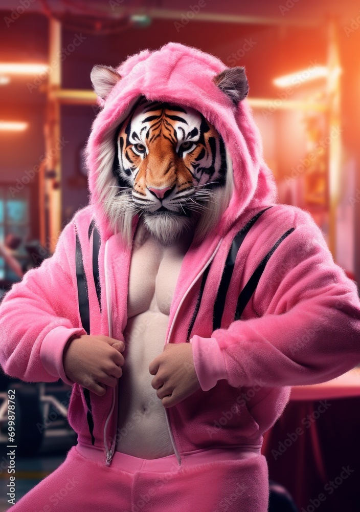 Cartoon tiger in the gym, AI