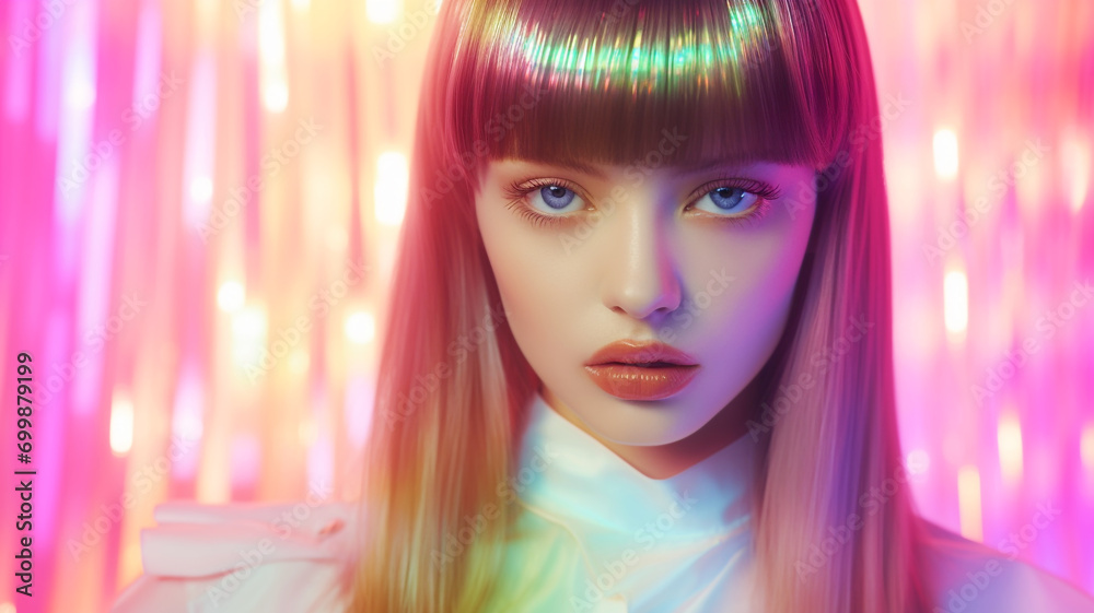 Fashion model in iridescent holographic aesthetic