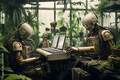 A realistic photography exploring the relationship between humans and robots in industrial settings  photo