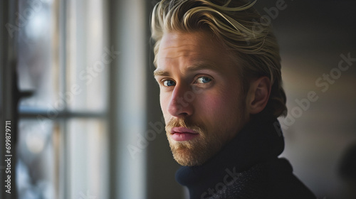 portrait of a Blonde Man With Beard and Piercing Blue Eyes