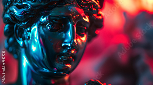 Ancient Roman Statue Close Up with Dynamic Blue and Red Lighting