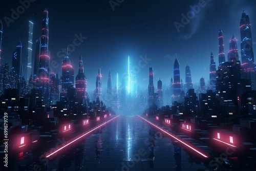 Glowing 3D scene Cyberpunk night cityscape  epitome of future aesthetics