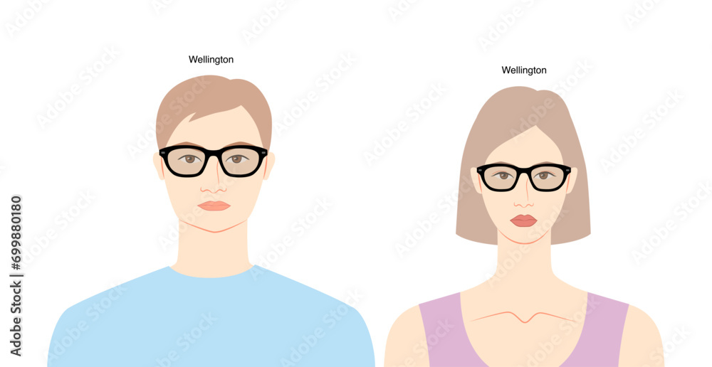 Wellington frame glasses on women and men flat character fashion accessory illustration. Sunglass front view unisex silhouette style, rim spectacles eyeglasses with lens sketch style outline on white Wellington frame glasses on women and men flat character fashion accessory illustration. Sunglass front view unisex silhouette style, rim spectacles eyeglasses with lens sketch style outline on white