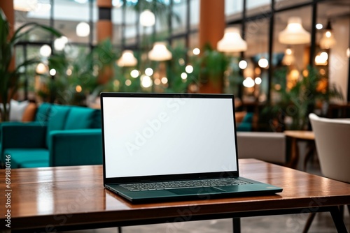 On the go workspace Laptop in hotel reception with mockup blank screen