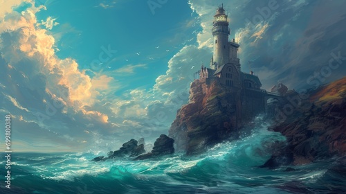 An imposing lighthouse rising out of the sea photo