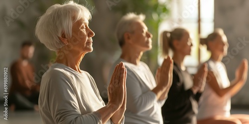 Senior Yoga Class in Peaceful Meditation Pose. Generative ai