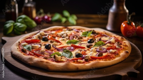 Freshly baked pizza with a variety of toppings on a wooden board
