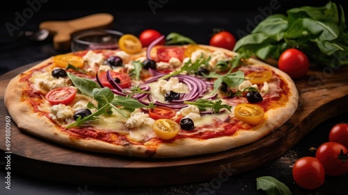 A fresh pizza topped with arugula, cherry tomatoes, and olives