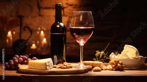 Wine and cheese setting with romantic candle lighting